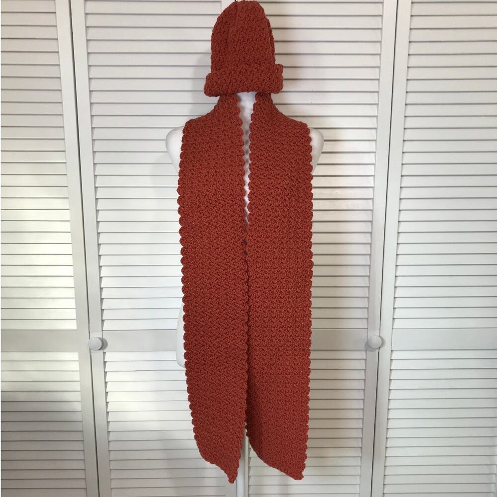 NWT Handmade Crocheted Brown Textured Matching Adult Beanie Scarf 76”